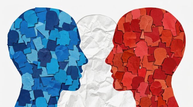 Two human head silhouettes facing each other composed of numerous red and blue paper cutouts on white.