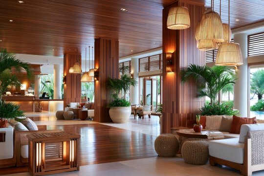 A spacious, modern lounge area with wooden accents, wicker furniture, lush green plants, and warm lighting creating a cozy and inviting atmosphere.