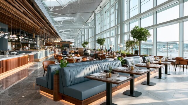 Modern, spacious airport lounge with comfortable seating, large windows, and natural light, featuring elegant decor and a view of the runway.