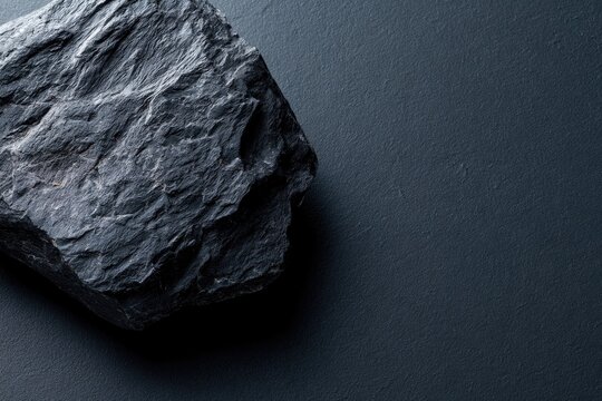 A close-up image of a rough, dark gray coal rock on a textured black surface.