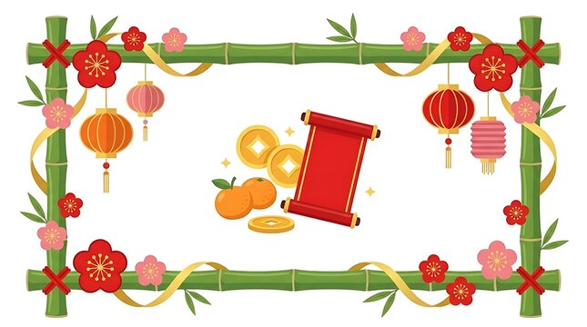 Bamboo frame with Chinese New Year symbols and lanterns.