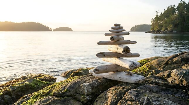 Balanced stone stack on coastal rocky shore.