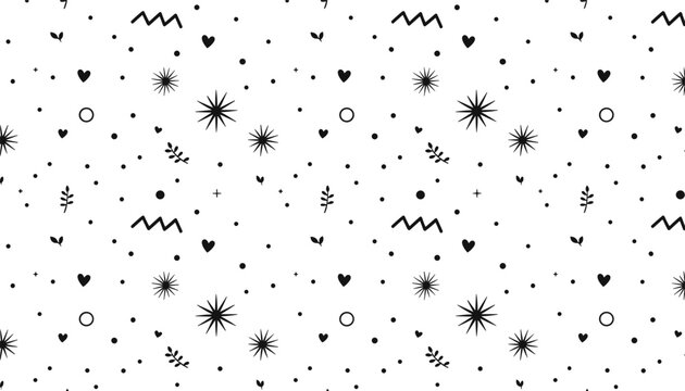 Seamless black and white pattern featuring hand drawn stars hearts leaves and whimsical decorative shapes.