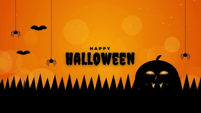 Happy Halloween background with silhouette pumpkins spiders bats and orange bokeh lights for festive design