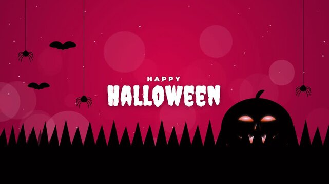 Happy Halloween background banner featuring silhouettes of jack-o-lantern pumpkins and bats on red bokeh backdrop