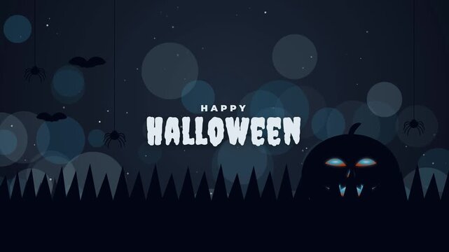 Happy Halloween greeting card background with glowing jack o lantern pumpkins and spooky spider webs