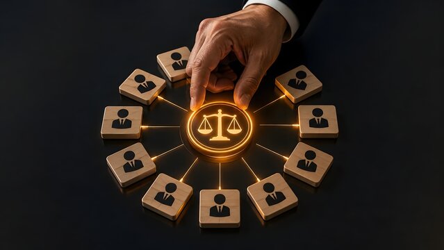 Hand placing glowing scales of justice icon connecting people blocks, symbolizing law, ethics, and legal system