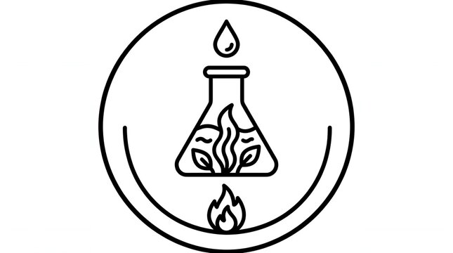 Black and white chemistry flask icon with leaves.