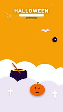 Seamless Halloween Pattern with Witches Cauldrons and Spooky Eyes on Orange Background