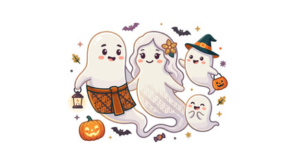 Naklejka premium Group of cute Halloween ghosts with pumpkin lantern