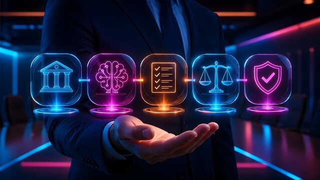 Businessman's hand holding glowing interconnected icons for legal, financial, AI, and security services
