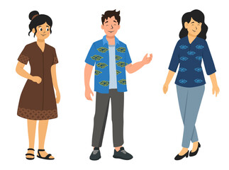 Obraz premium Set of young Indonesian men and women wearing modern casual batik patterned dresses and shirts in standing poses.