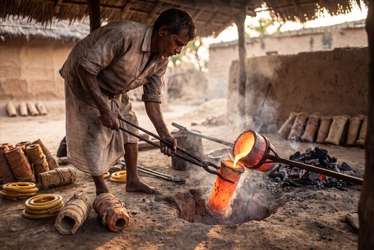 Metalsmith retrieving glowing clay mold for traditional lost wax Dhokra casting in foundry