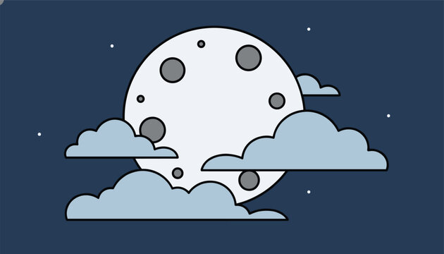 Big full moon with prominent craters glowing in a dark blue night sky behind soft grey clouds and tiny stars.