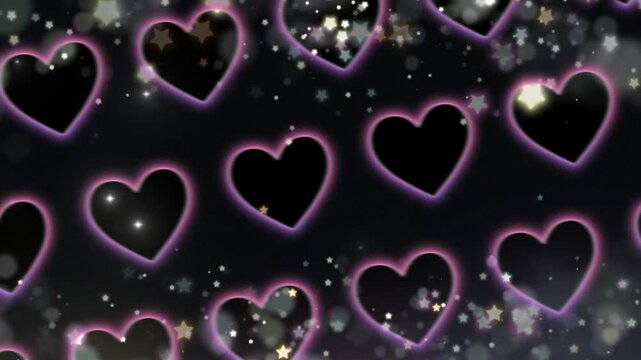 Seamless pattern of glowing hearts and stars on a dark sparkly background with Scattered throughout twinkling stars soft