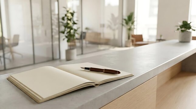 Blank notebook on bright minimalist office counter.