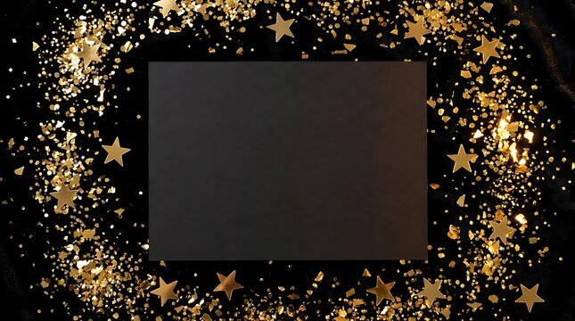 Black rectangle frame on gold glitter and star background.
