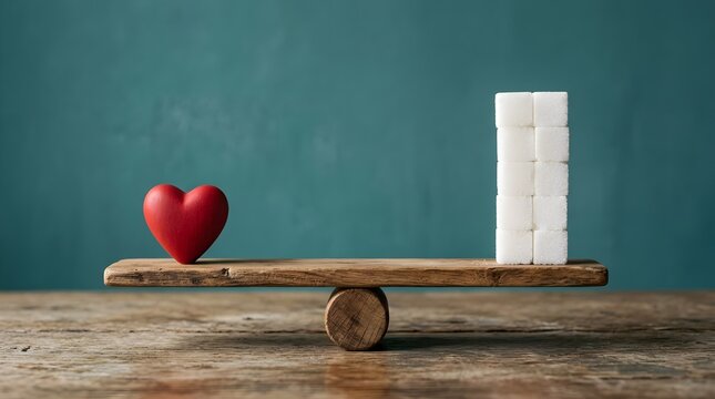 Red heart and stack of sugar cubes balancing on a wooden seesaw with comparison