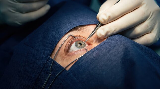 Close-up of a patient's eye undergoing a medical procedure by a surgeon with surgical tools.