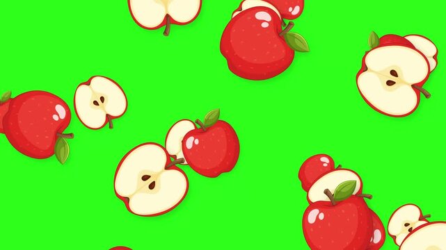Cartoon Red Apples and Apple Slices Falling on Green Background