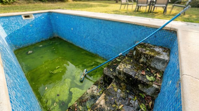 Abandoned swimming pool filled with green algae and debris with cleaning pole lying on steps.