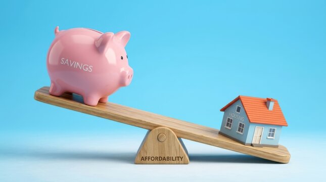 Pink piggy bank tips scale down with house on other side highlighting housing affordability challenges.