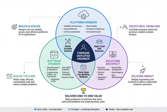 Venn diagram infographic showing forward deployed engineer role combining platform engineer software engineer and solutions architect skills