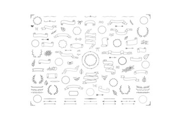 Obraz premium Hand drawn collection of wedding and romantic decorative ribbons, wreaths, and borders isolated on a white background for