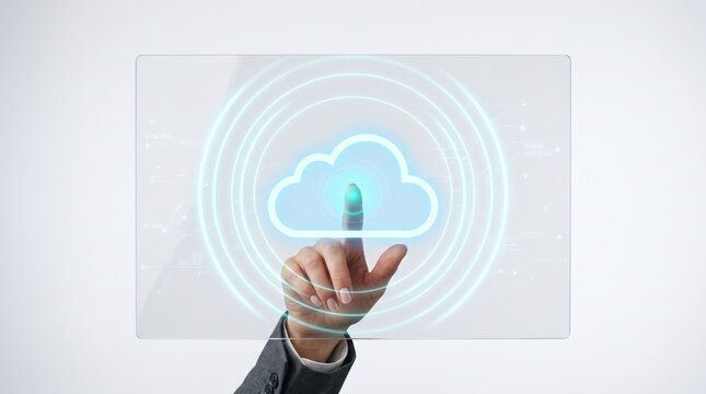 Hand touching futuristic transparent screen with glowing cloud computing icon, advanced technology and data storage, digital interface interaction for network connectivity