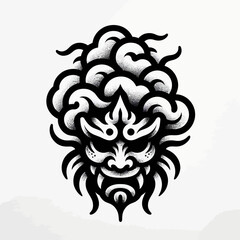 Fototapeta premium A striking black and white illustration of a Japanese Oni mask with swirling cloud-like elements.