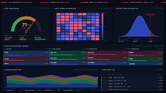 Explore a sophisticated 4K financial risk dashboard featuring a dark interface with vibrant gauges and charts, designed for monitoring risk metrics and alerts effectively.