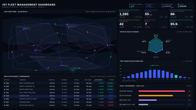 Explore a sleek dark-mode IoT fleet management dashboard featuring live maps, animated vehicles, KPIs, and health metrics for efficient fleet tracking in 4K resolution.