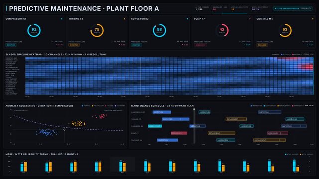 Explore a detailed dark 4K predictive maintenance dashboard featuring industrial elements, health tiles, sensor updates, and a Gantt chart for equipment management.