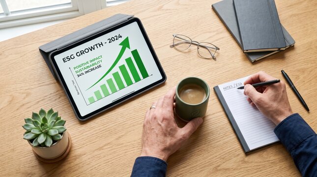 ESG growth sustainability report on tablet with green chart arrow, business person taking notes at wooden desk, eco friendly investment strategy, corporate social responsibility