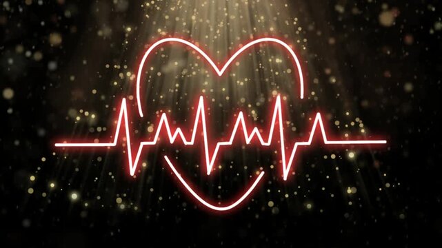 Glowing red neon heartbeat pulse symbols arranged in triple pattern against dark background with shimmering golden particles