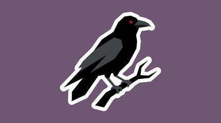 Fototapeta premium Spooky black raven on branch in geometric flat style for sticker sets