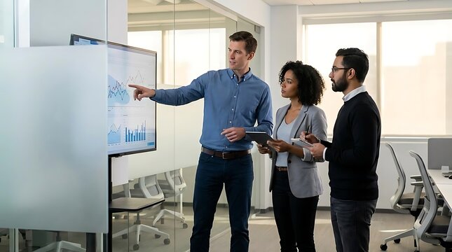 Business presentation with charts in bright office.