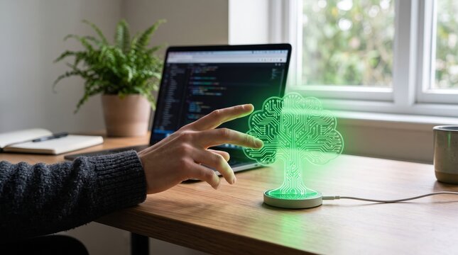 Hand touching glowing green circuit board tree lamp on desk with laptop code, symbolizing green technology, sustainable computing, and environmental digital innovation concepts.