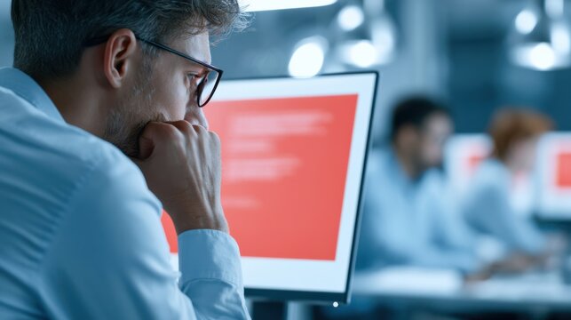 A man with glasses intensely focused on his computer screen, with other people blurred in the background. The screen displays lines of code, suggesting a programming or tech environment.