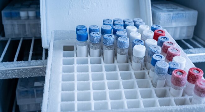 Laboratory vials in a styrofoam rack inside a freezer