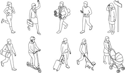 Obraz premium Isometric Line Art People Set Featuring Walking Pedestrians, Commuters, Business Professionals, Runner, and Urban Life Character Vectors