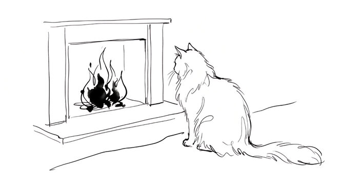 Cat Watching Fireplace Flame Line Art Illustration