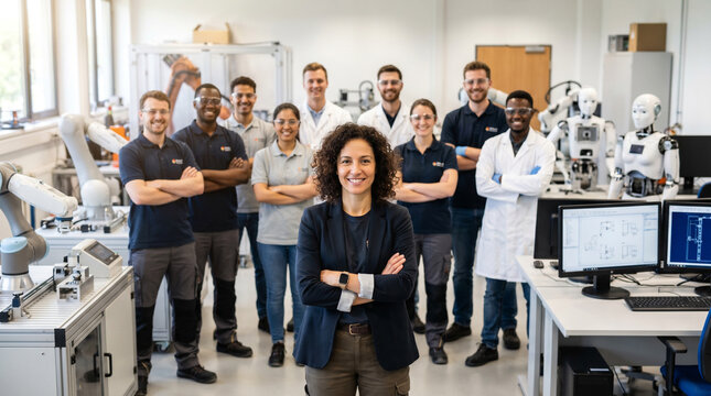 Robotics engineer leads diverse automation team in modern laboratory, showcasing robotics, artificial intelligence, mechatronics, engineering innovation and collaborative technology development.