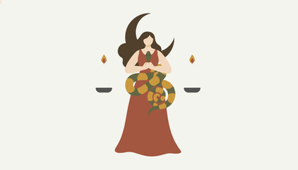 Fototapeta premium Mystic goddess in a red dress holding a snake with a crescent moon behind her and oil lamps on the sides.