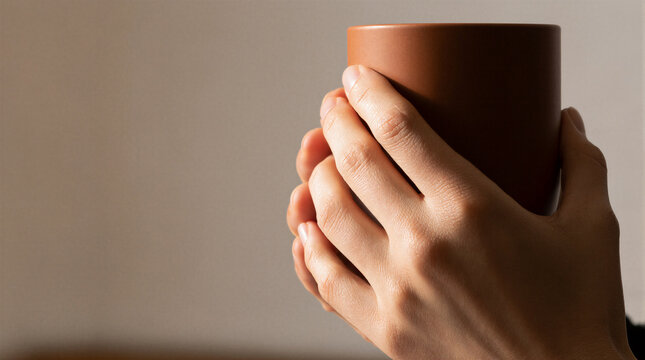Two hands cup a thick-walled mug so tightly the knuckles show pale, the fingers overlapping as if the warmth itself