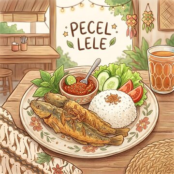 Traditional Indonesian pecel lele with fried catfish, steamed rice, spicy sambal and fresh vegetables served in a warm rustic setting with charming illustrated details