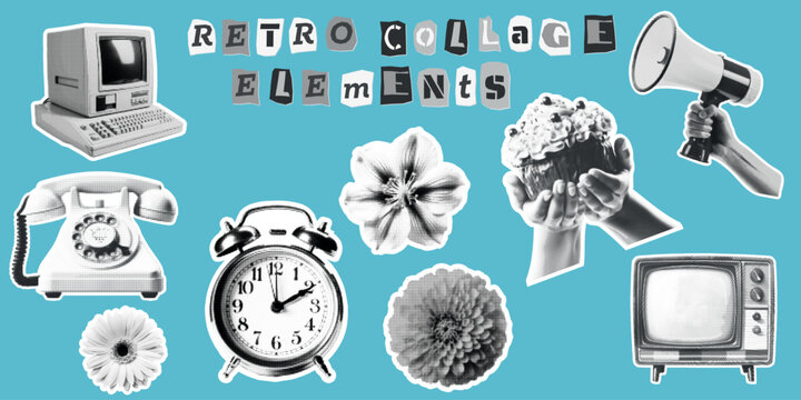 Retro Halftone Collage Vector Set with Computer Television Telephone Typewriter Alarm Clock Loudspeaker Hands Cake and Floral Pop Art Elements