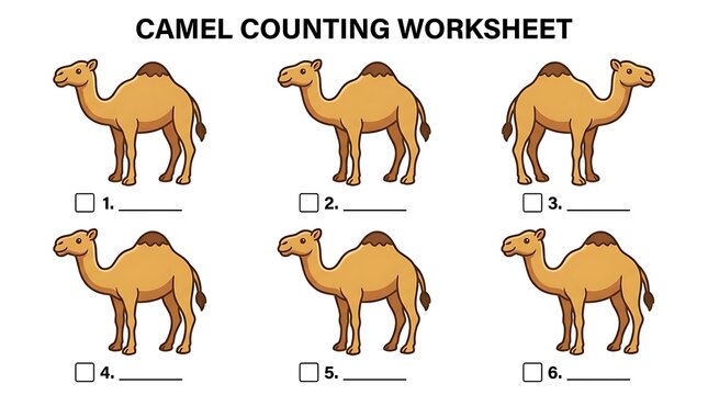 Camel counting worksheet for kindergarten math education activity.