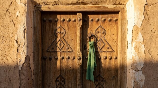 Traditional studded wooden door with green ribbon on adobe wall