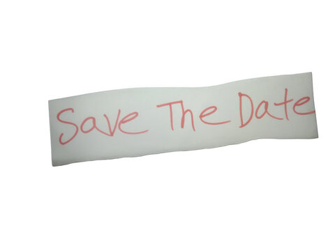 Save the date handwritten red text on a small white torn paper note isolated on transparent background